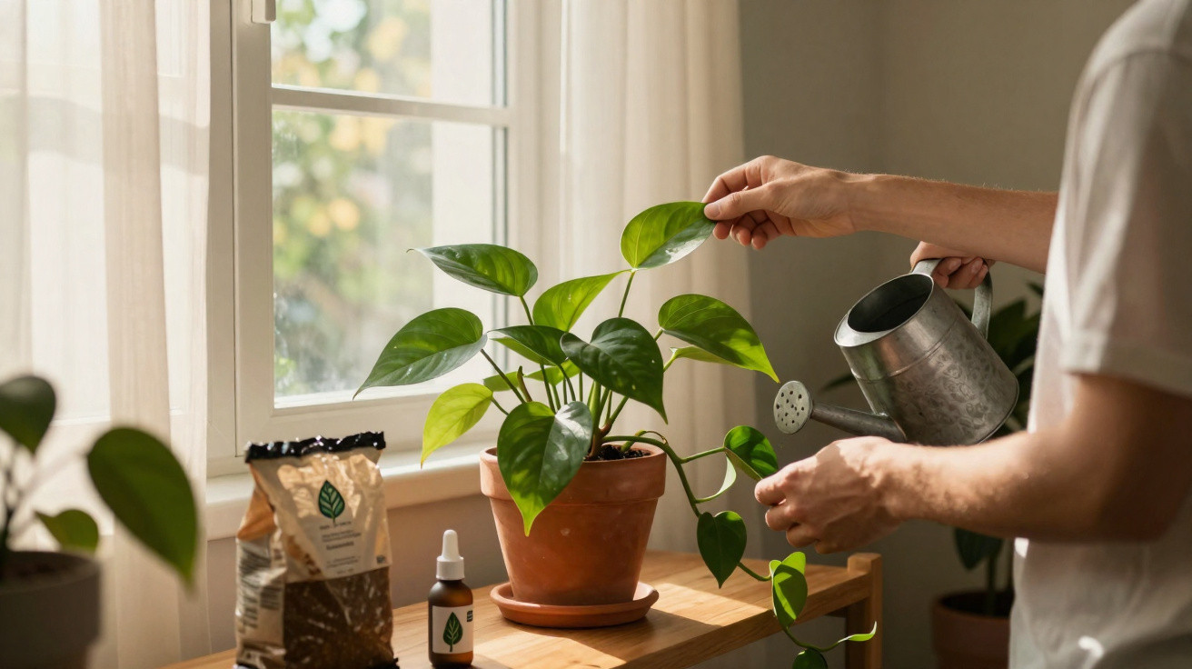 Pessoa a regar planta em vaso de barro num apoio junto a janela com luz natural suave.