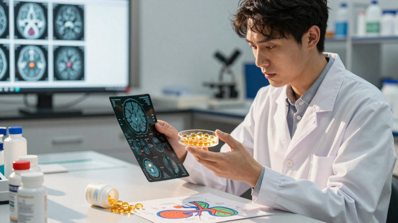 Cientista em laboratório estuda imagens cerebrais enquanto segura cápsulas em placa de petri.