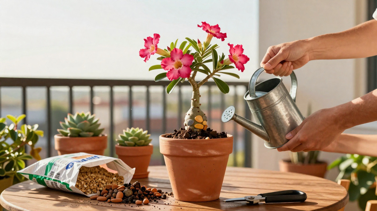 Pessoa a regar planta com flores cor de rosa num vaso de barro numa varanda com outras plantas e terra espalhada.