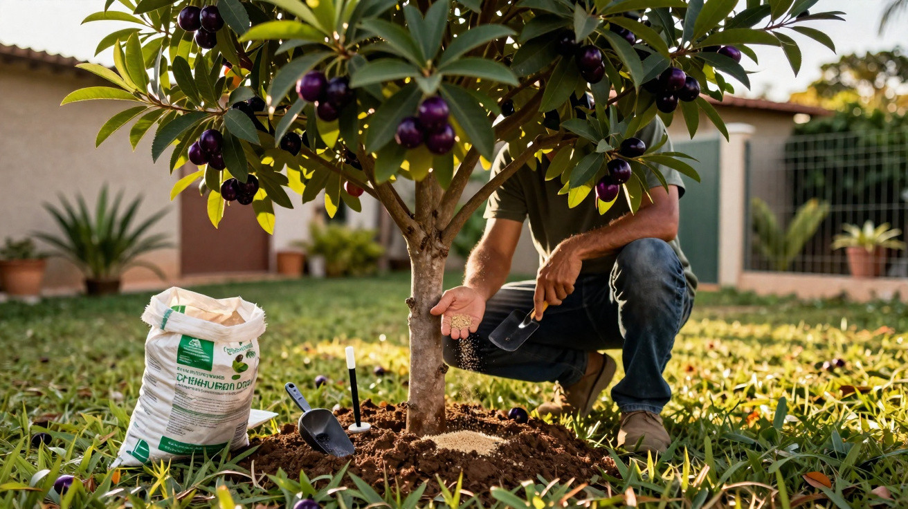 Homem regando fertilizante na base de uma árvore com frutos roxos num jardim.