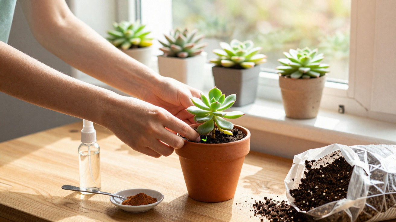 Mãos a cuidar de uma planta suculenta num vaso com terra e outras plantas na janela ao fundo.