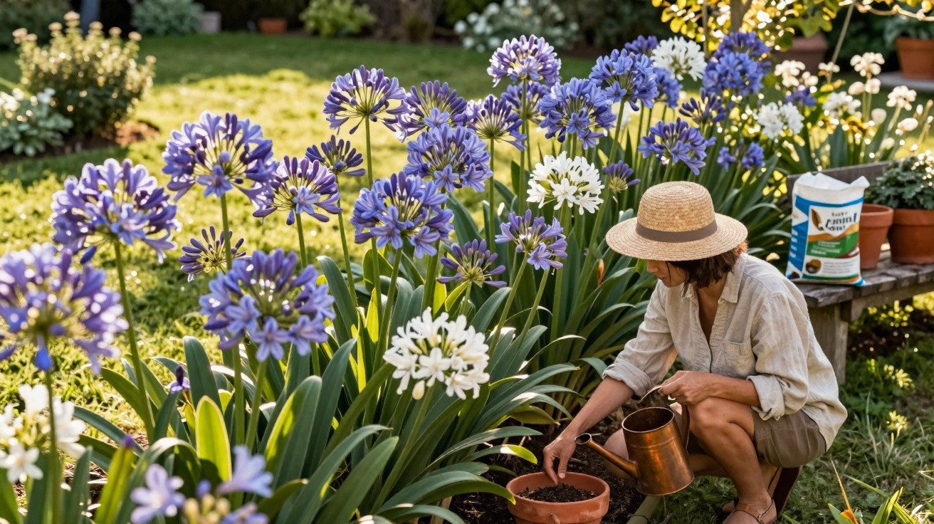 Mulher a cuidar de flores lilases e brancas num jardim ensolarado, usando chapéu de palha e regador.