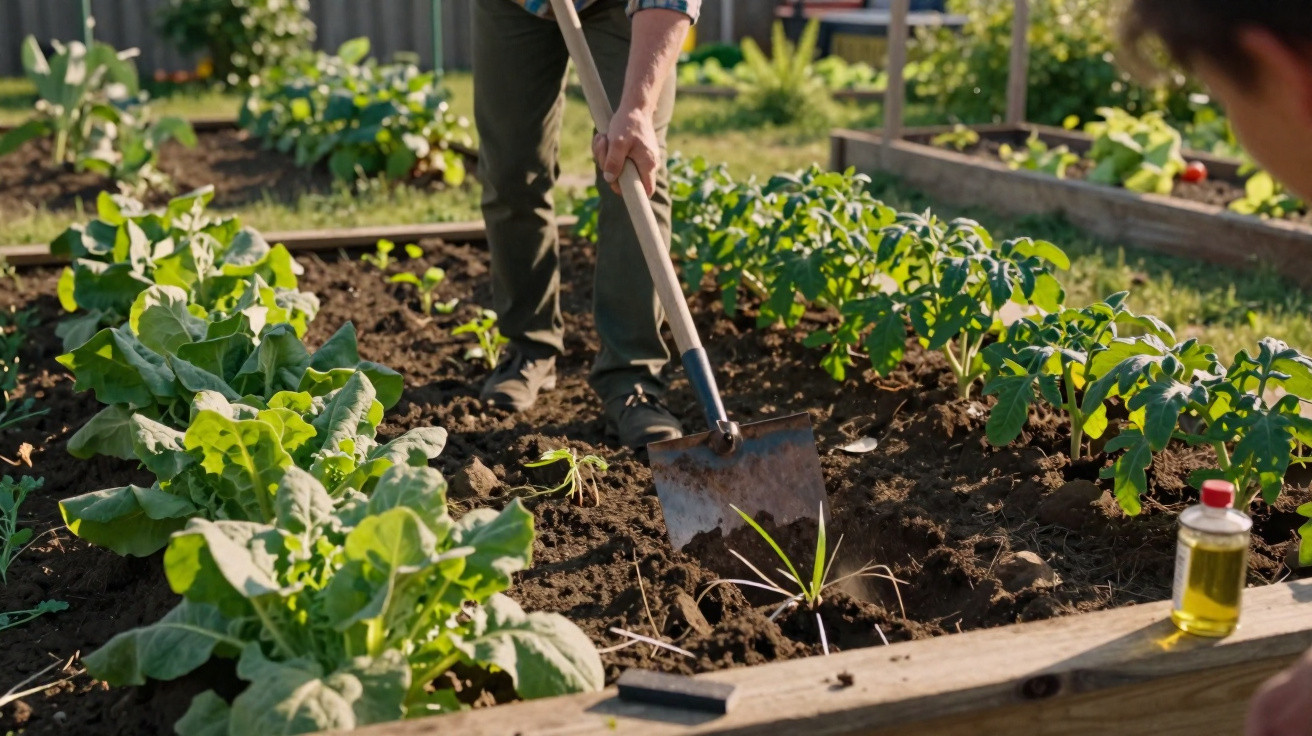 Pessoa a cavar terra num jardim com plantas e legumes verdes em canteiros elevados ao ar livre.