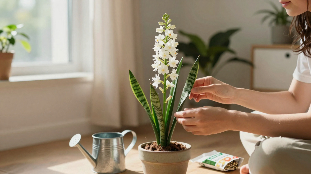 Pessoa a cuidar de planta com flores brancas num vaso em ambiente interior, com regador ao lado.