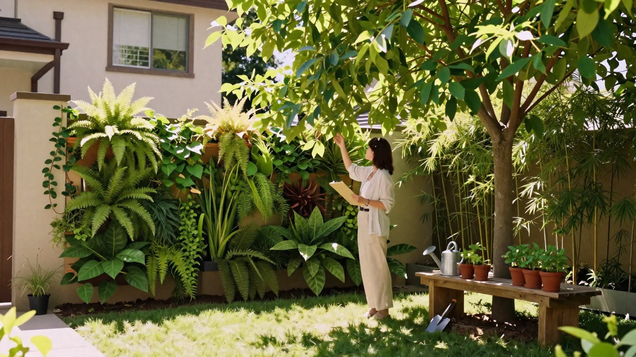 Mulher com máscara a cuidar de plantas num jardim com muita luz solar e variedade de verde.