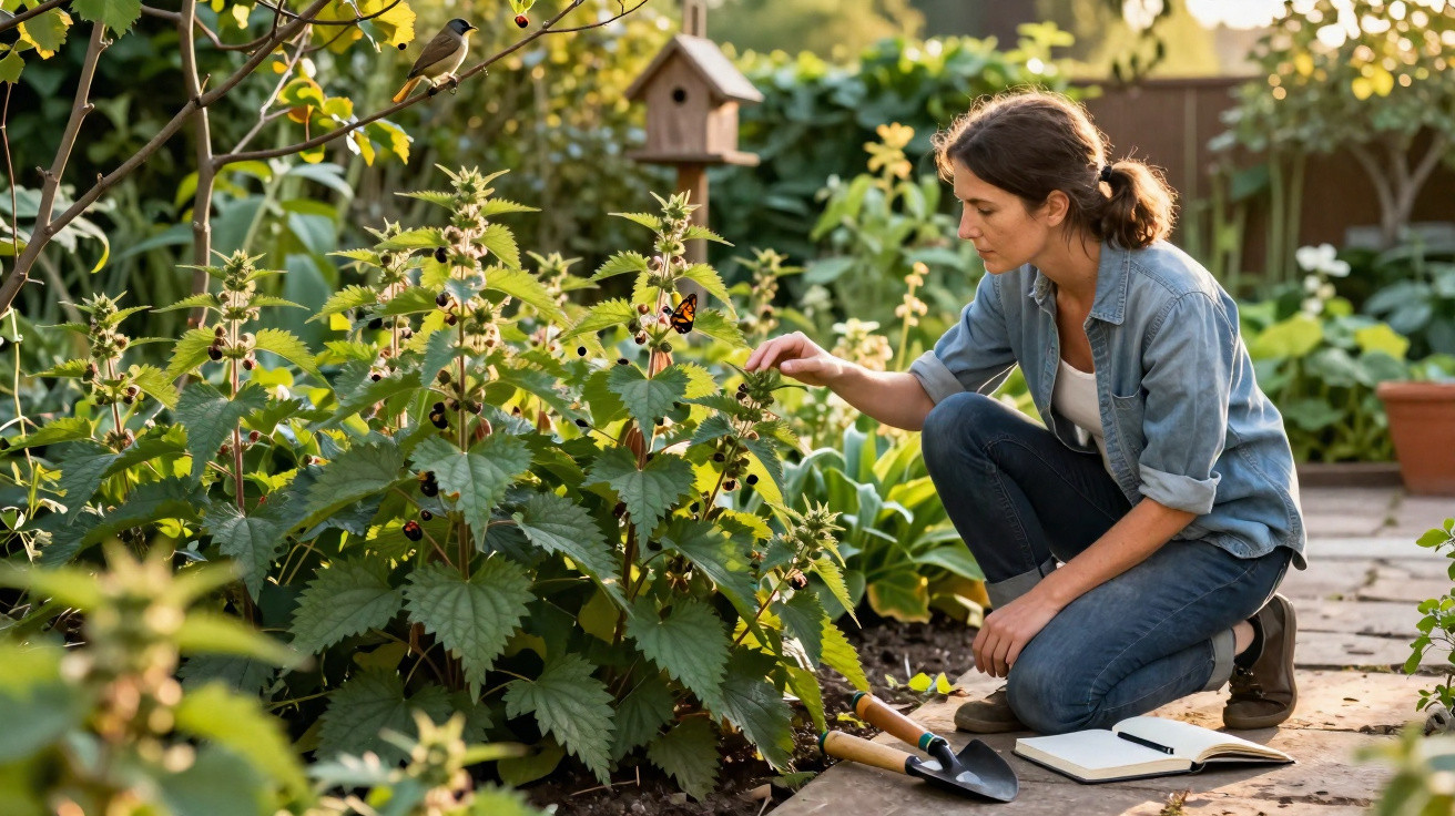 Mulher a cuidar de plantas num jardim com pá, caderno e um pássaro e borboleta visíveis nas plantas.