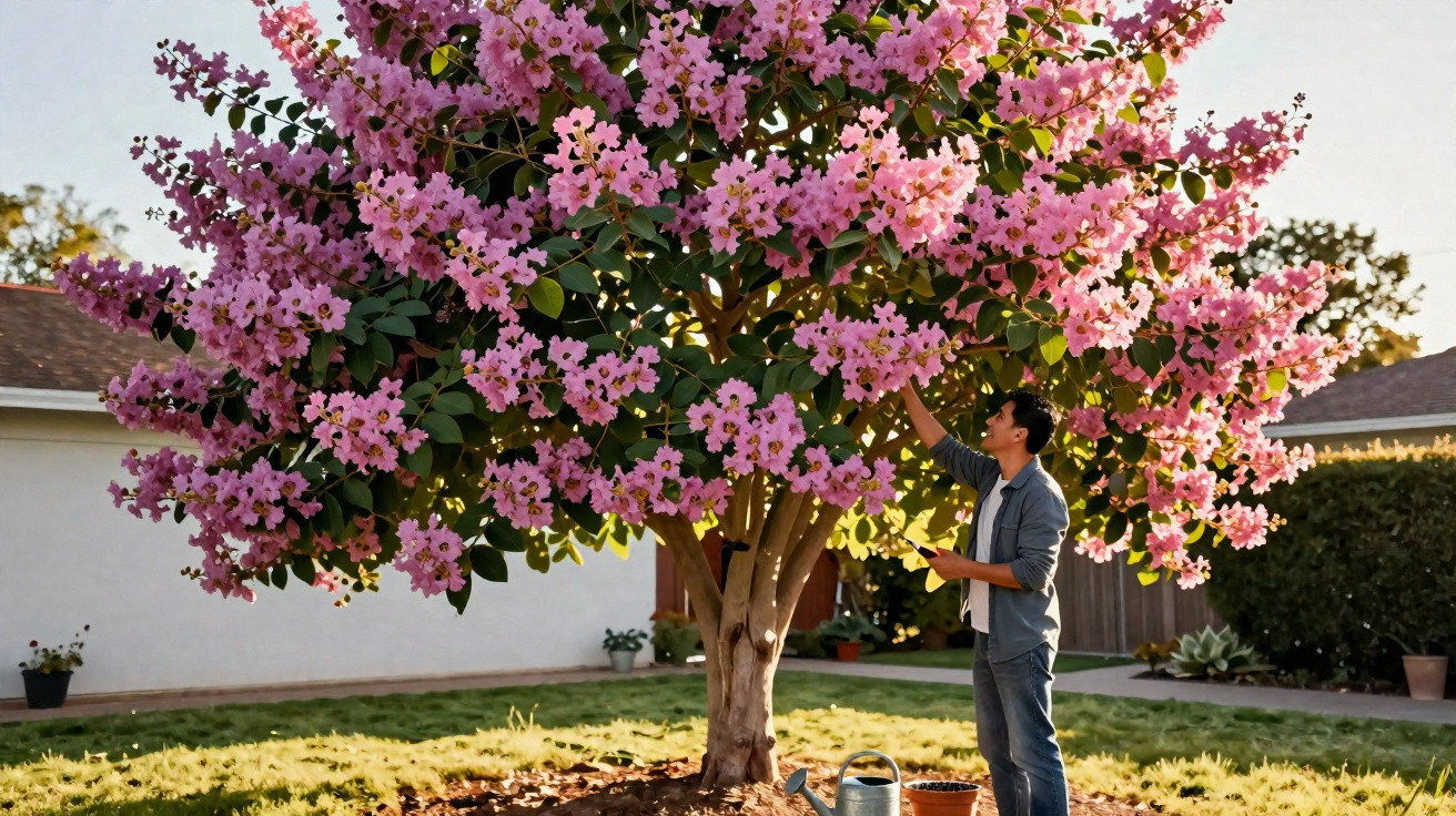 Homem a tocar nas flores cor-de-rosa de uma árvore florida num jardim com regador no chão.