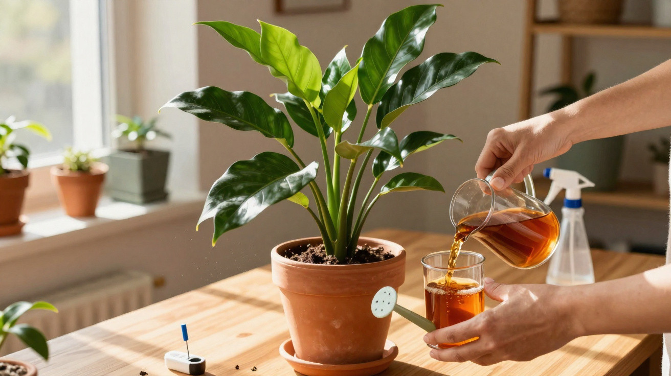 Pessoa a verter chá num copo junto a planta de vaso sobre mesa de madeira iluminada por luz natural