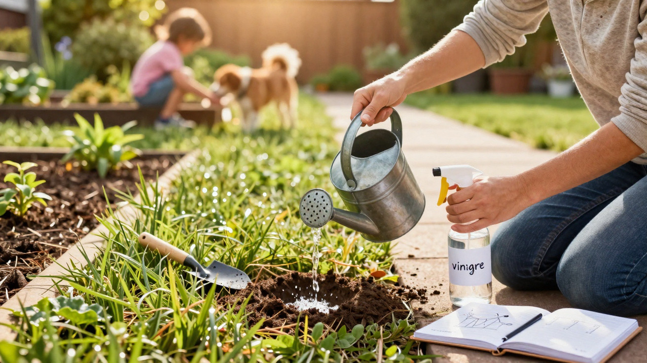 Pessoa a regar plantas no jardim com regador, perto de pulverizador e caderno aberto, com criança e cão ao fundo.