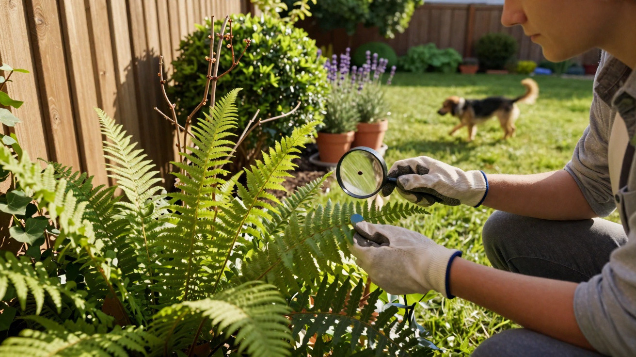 Pessoa com luvas a examinar planta com lupa num jardim, cão ao fundo a brincar na relva.