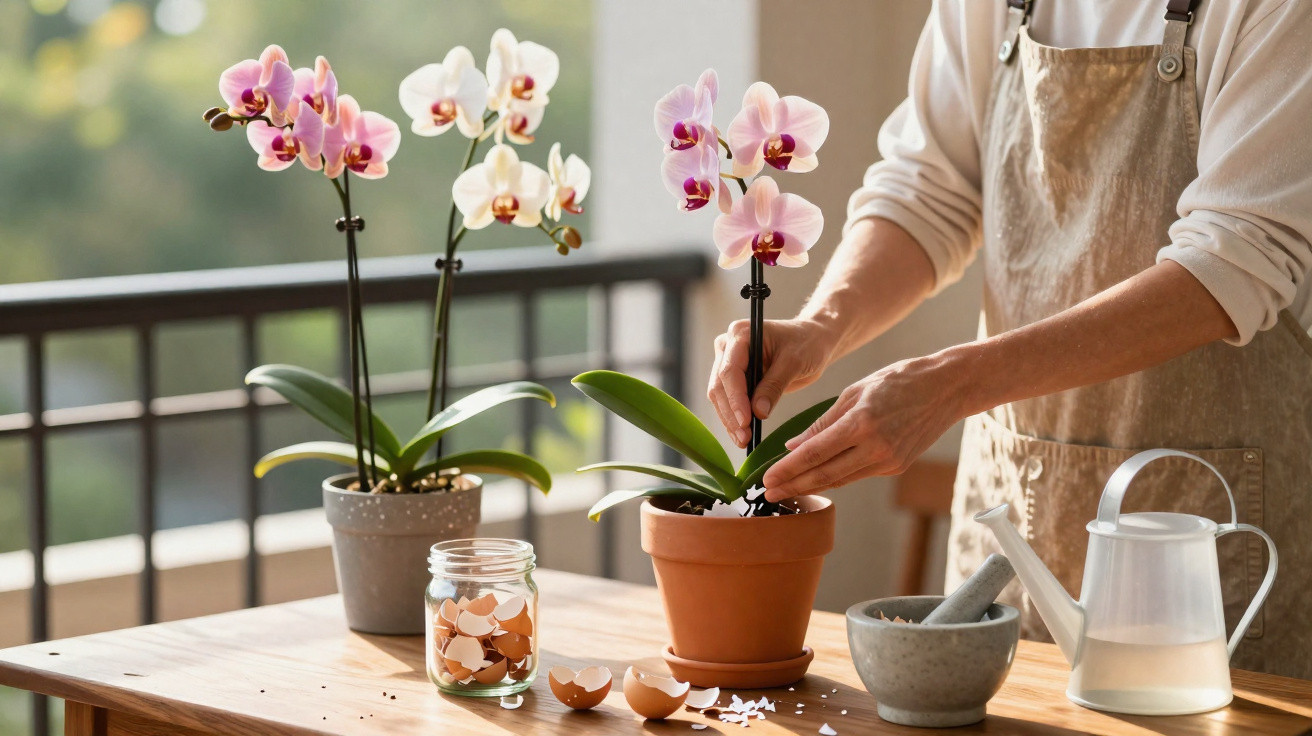 Pessoa a cuidar de orquídeas em vaso, num ambiente iluminado com jarro, almofariz e cascas de ovo na mesa.