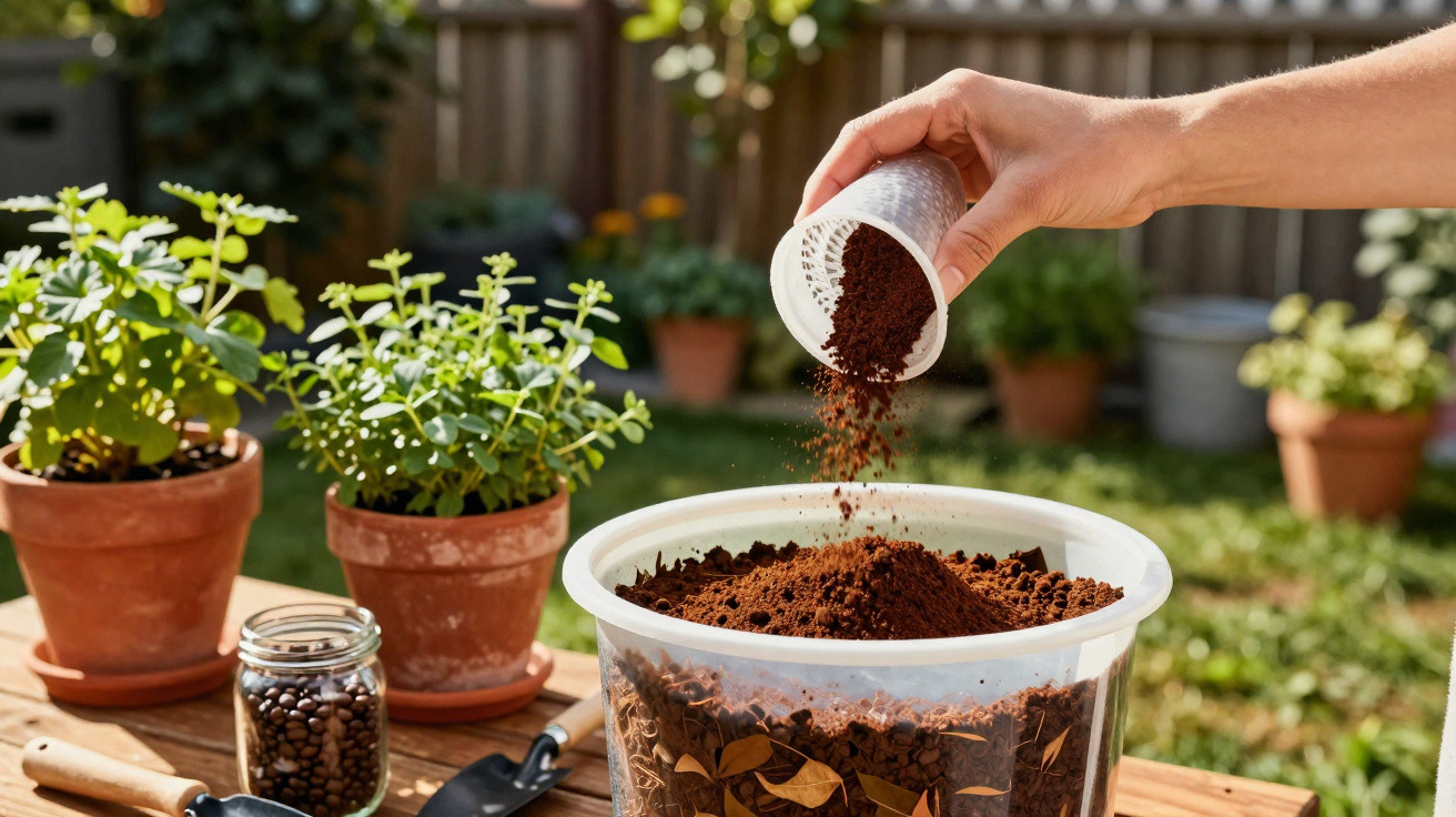 Mão a deitar borra de café num vaso com terra, plantas em vasos e utensílios de jardinagem numa mesa exterior.