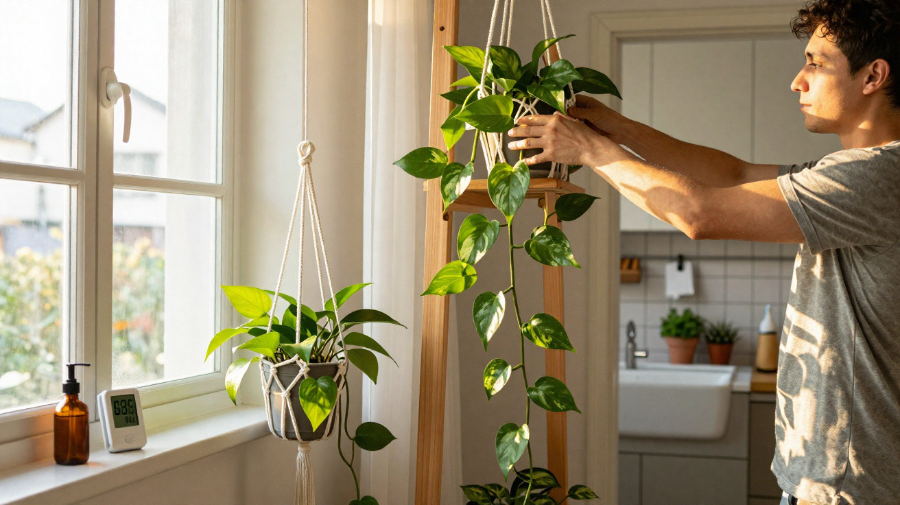 Homem a cuidar de plantas verdes penduradas junto a uma janela com luz natural numa cozinha.