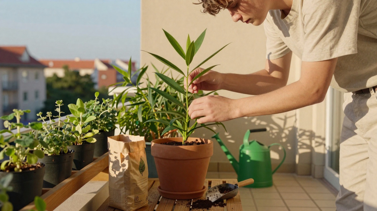 Jovem a cuidar de planta em vaso numa varanda com várias plantas e regador verde ao fundo.
