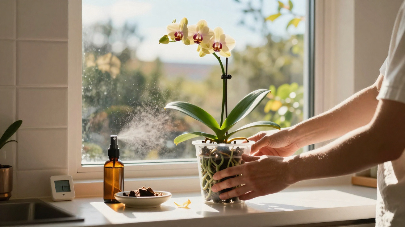 Mãos a regar uma orquídea amarela perto de uma janela com frasco de pulverização e prato branco numa superfície clara.