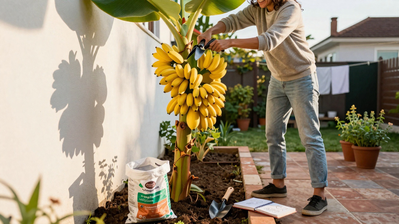 Pessoa a cortar um cacho grande de bananas num jardim junto a parede com sombra da planta.