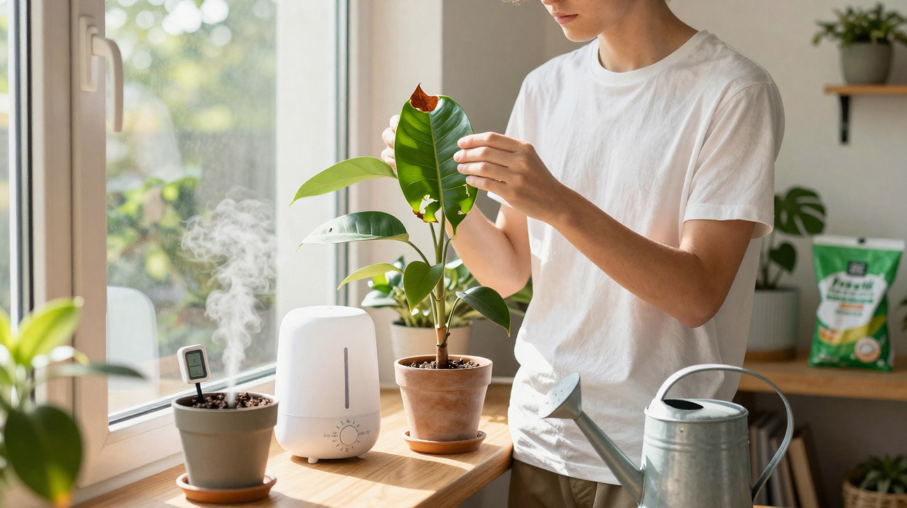 Pessoa a cuidar de planta em vaso junto a um humidificador e regador, perto de janela com luz natural.