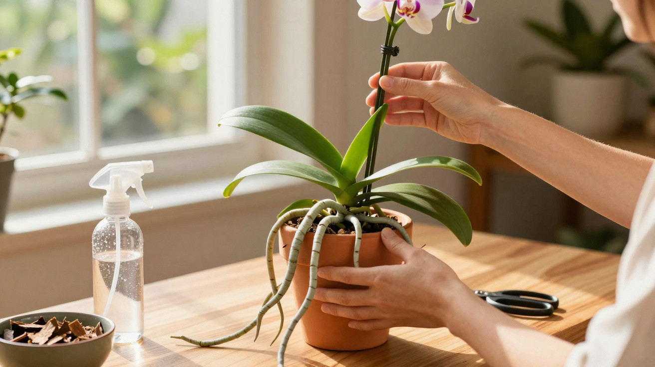 Pessoa a cuidar de orquídea num vaso de barro sobre uma mesa de madeira junto a janela iluminada.