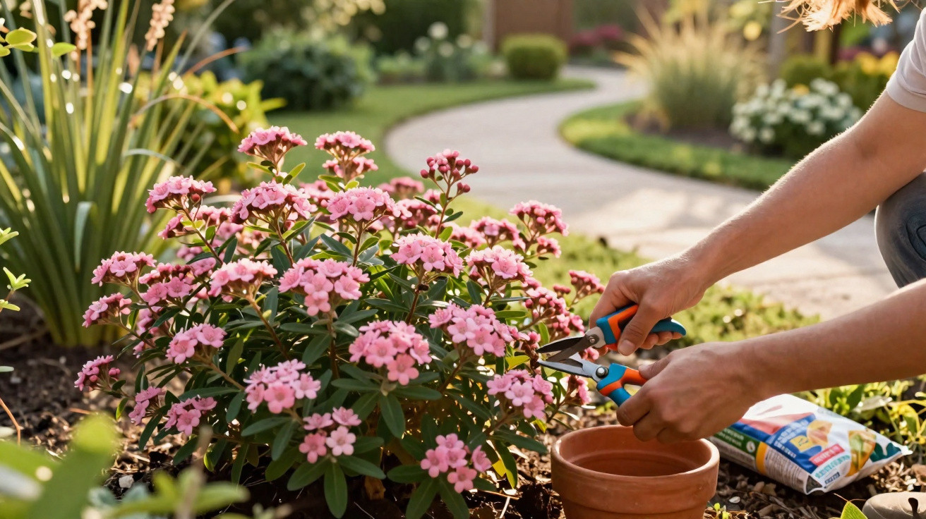Pessoa a podar flores rosa num jardim bem cuidado, com uma pá e vasos ao lado.