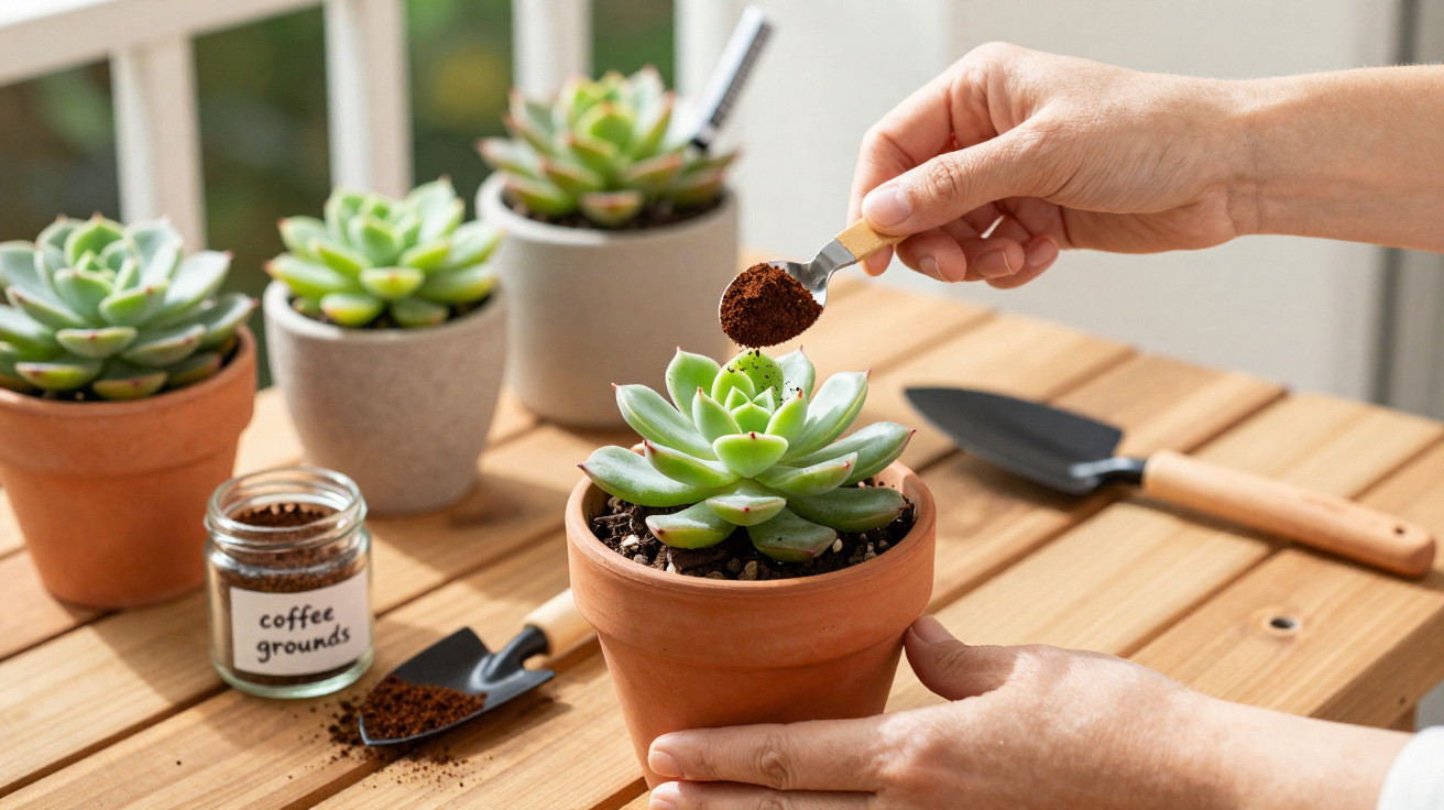 Pessoa a fertilizar planta suculenta em vaso de barro com borras de café no interior.