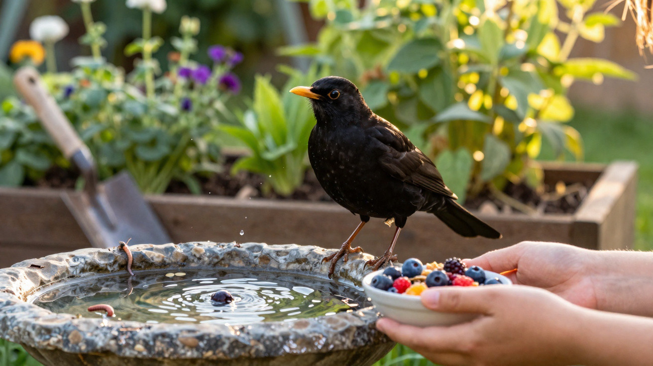 Pássaro preto pousado numa fonte com minhocas, perto de mãos segurando um prato com frutos vermelhos e silvestres.