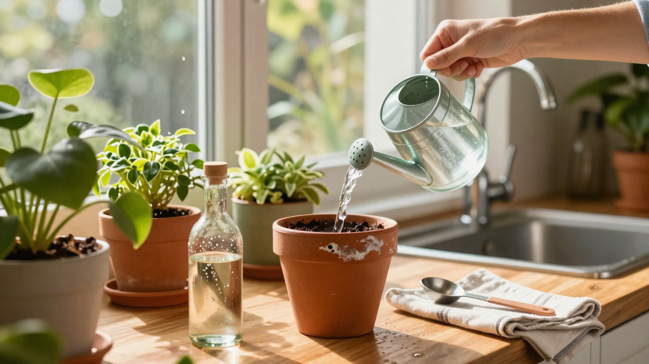 Mão a regar vaso sem planta com regador metálico numa bancada de cozinha com plantas e garrafa de vidro.