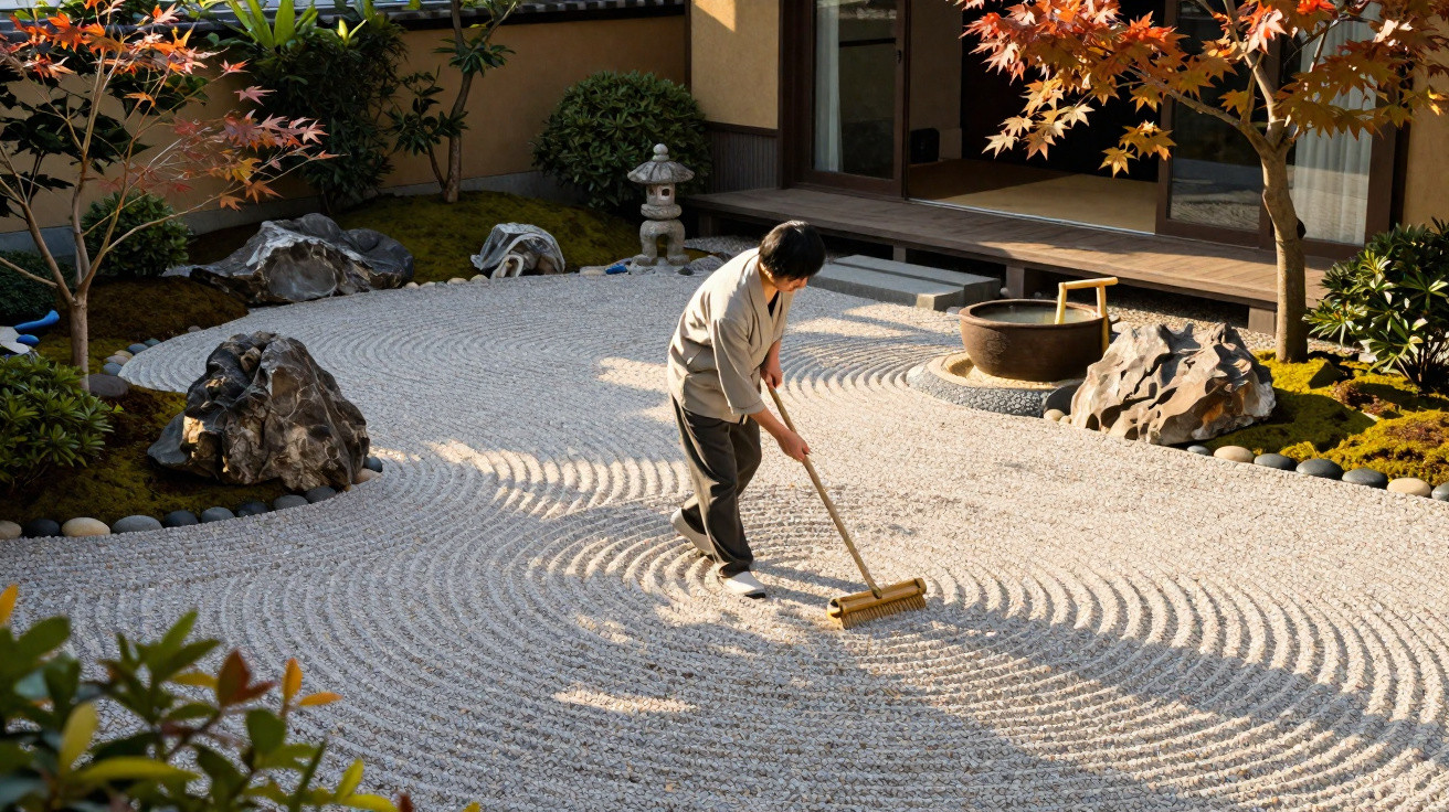 Pessoa a criar padrões no jardim zen com regador de madeira e pedras brancas, rodeado de árvores e plantas.