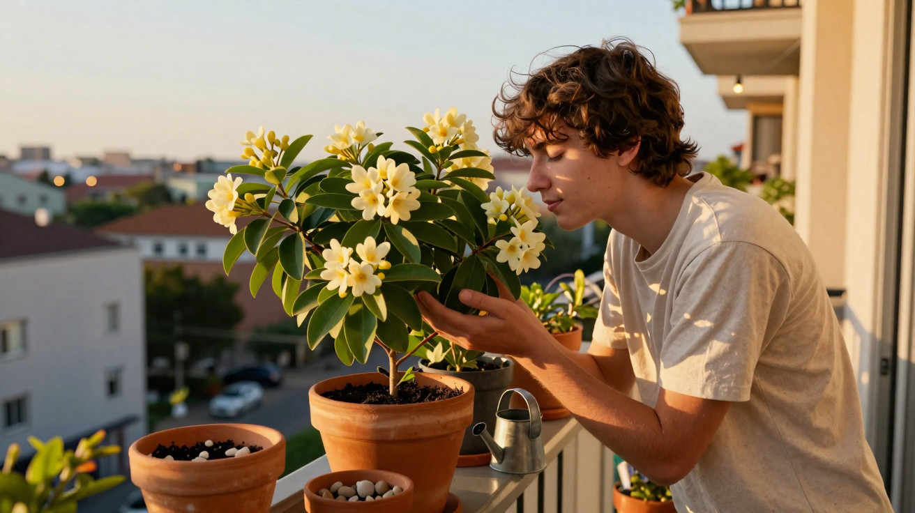 Jovem num varanda a cheirar flores brancas numa planta em vaso durante o pôr do sol.