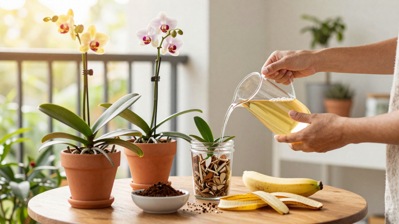 Pessoa a regar planta com líquido num jarro, ao lado de duas orquídeas em vasos e banana descascada numa mesa.