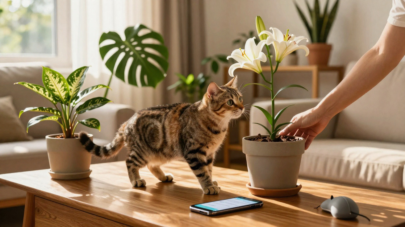 Gato a cheirar uma flor branca numa mesa de madeira com plantas e um smartphone ao lado.