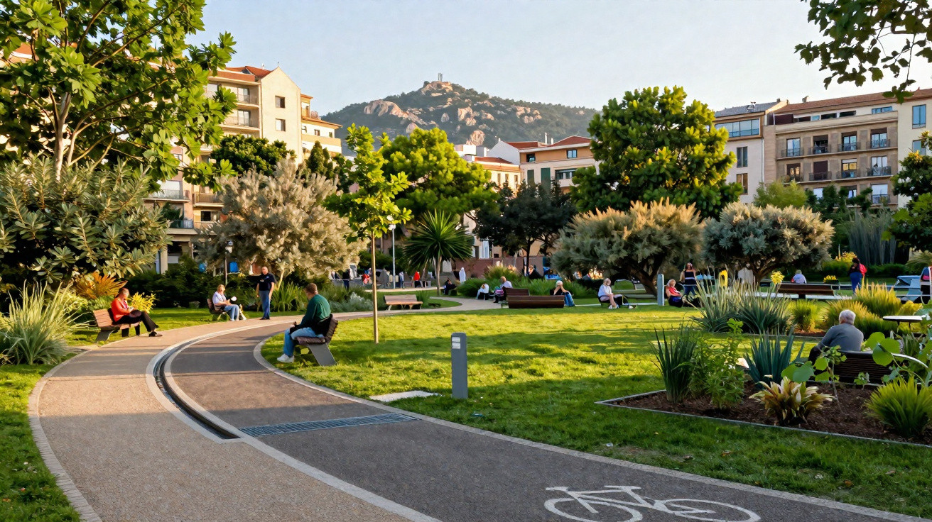 Parque urbano com caminho para bicicletas, pessoas sentadas em bancos e edifícios ao fundo sob colina com torre.