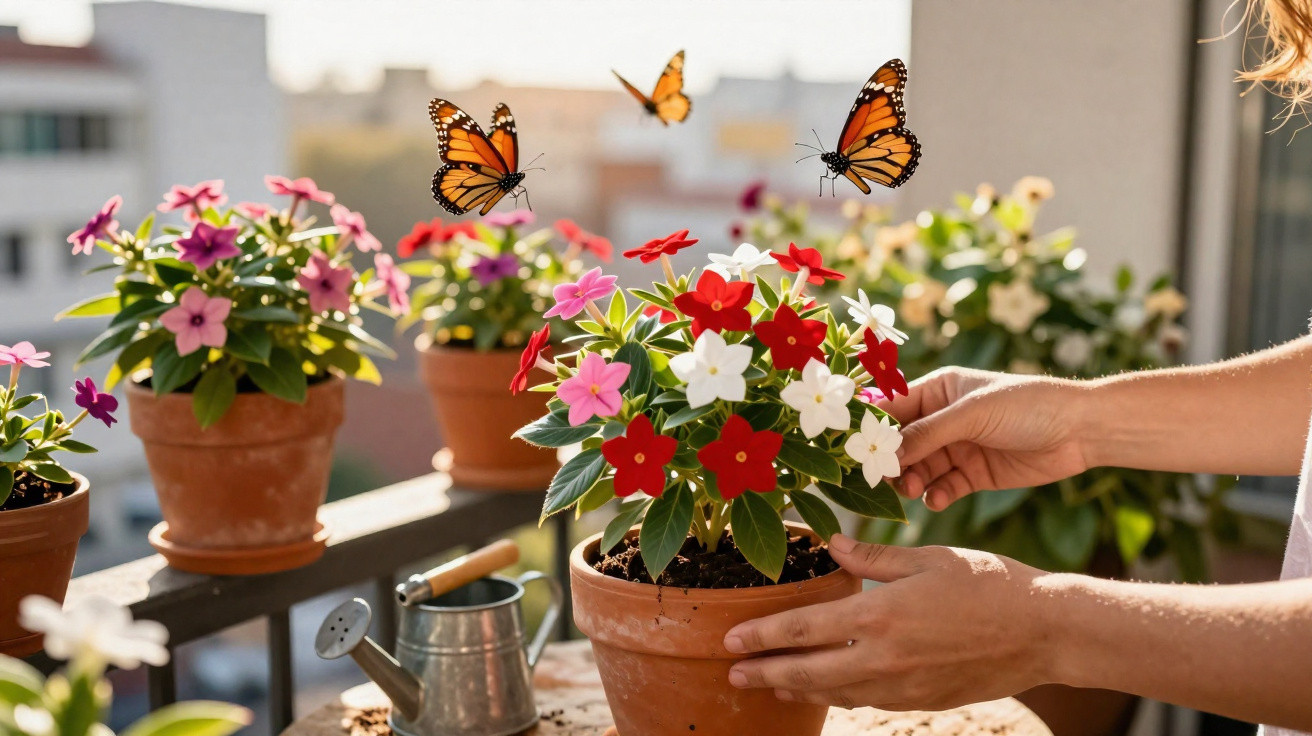 Mãos a cuidar de vaso com flores coloridas num terraço, com borboletas alaranjadas a voar ao redor.