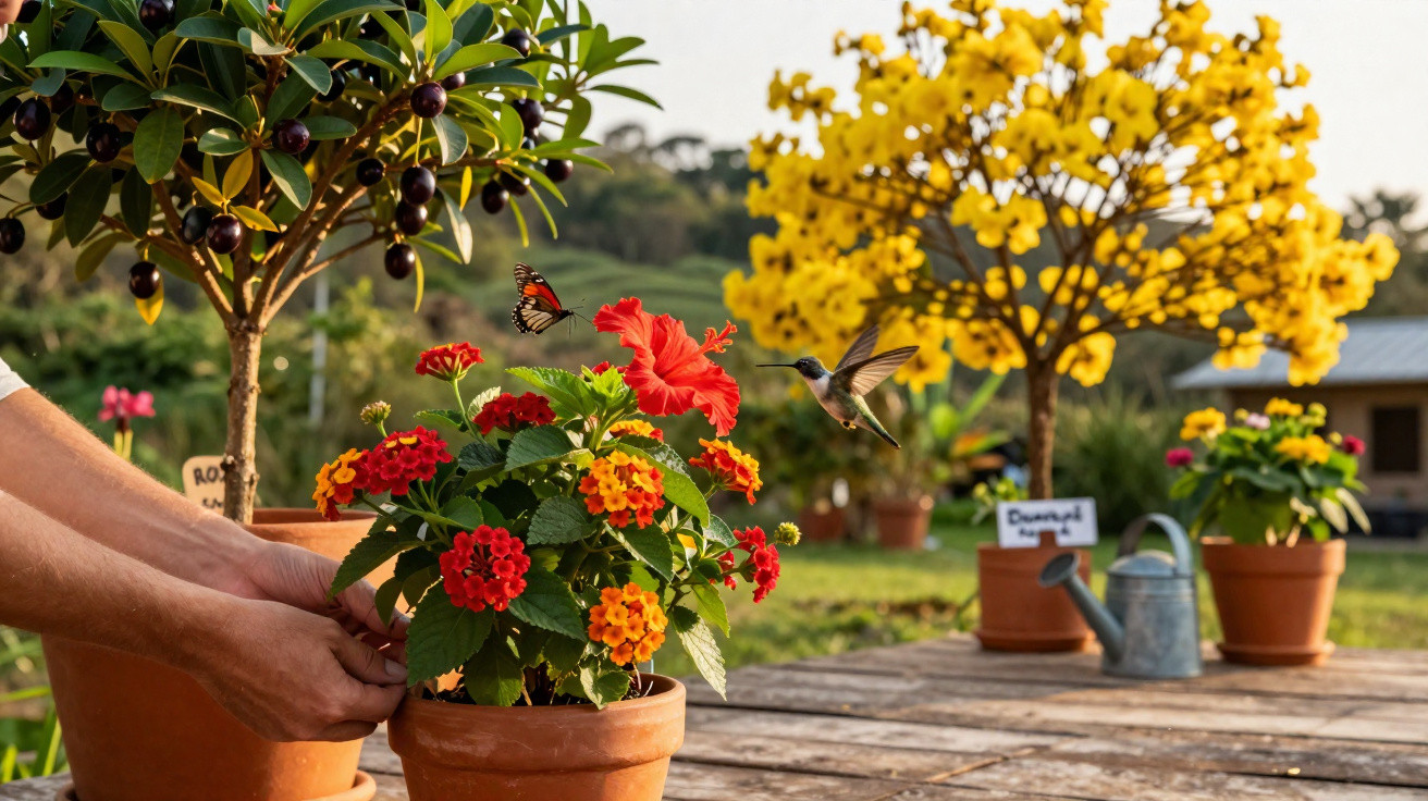 Pessoa a cuidar de planta com flores vermelhas e amarelas num jardim, com beija-flor e borboleta a voar.