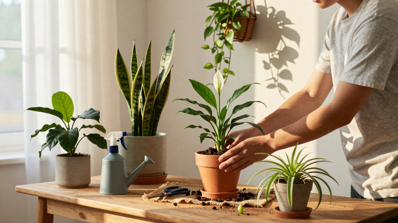 Pessoa a cuidar de plantas em vasos sobre uma mesa de madeira iluminada pela luz natural.
