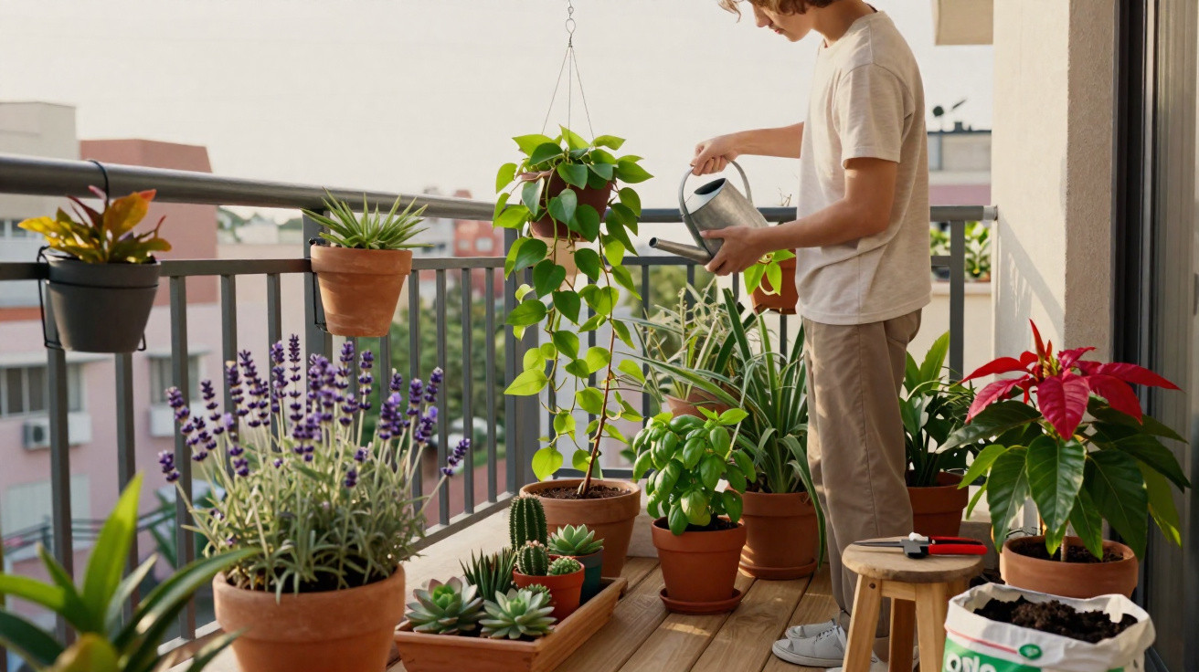 Pessoa rega plantas em varanda com várias plantas em vasos e um jardim urbano ao fundo.
