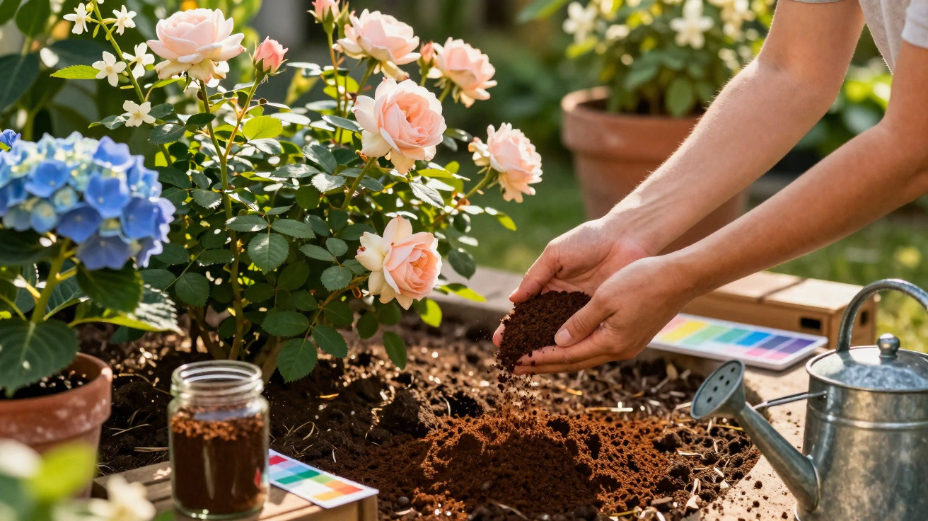 Pessoa a cuidar de plantas num jardim, segurando terra junto a rosas e jarro de metal.