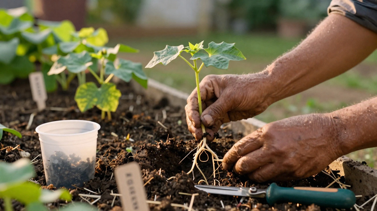Mãos a plantar uma muda de planta com raiz visível numa horta, com terra solta e ferramentas agrícolas.