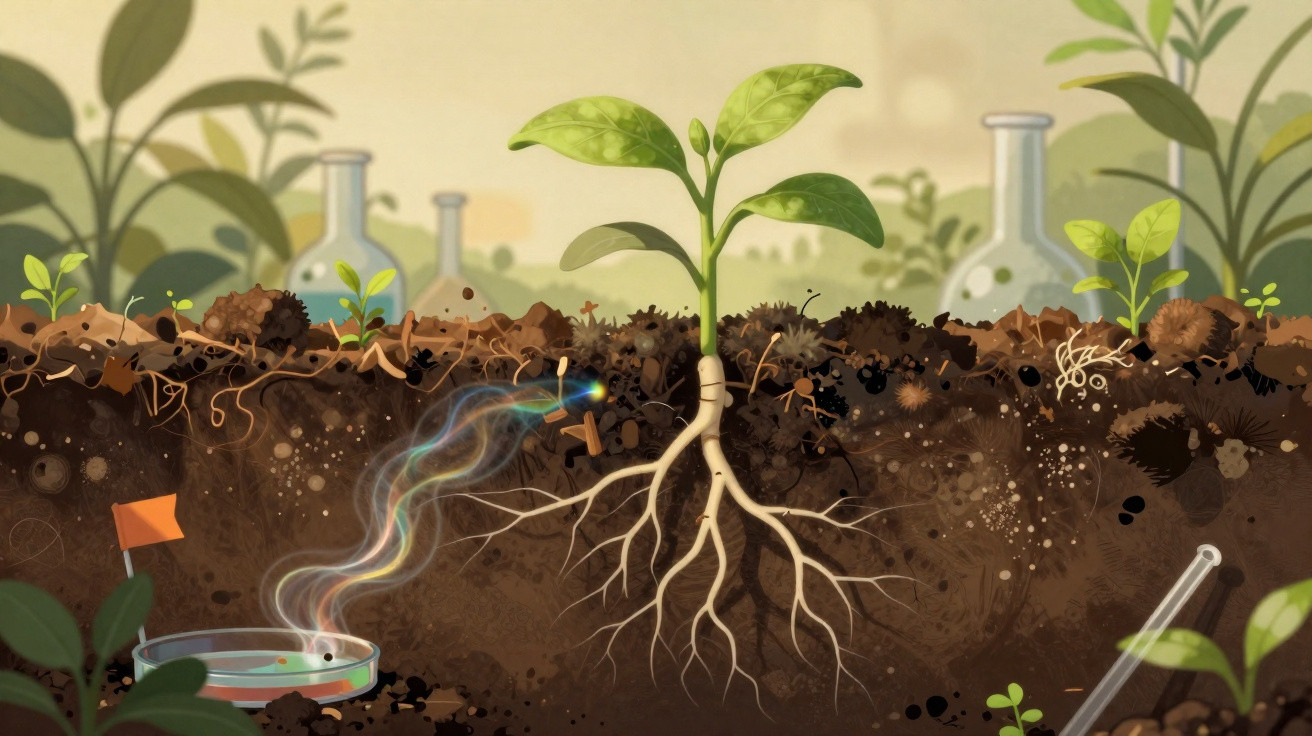 Ilustração de planta com raízes no solo a receber nutrientes, rodeada por tubos de laboratório.
