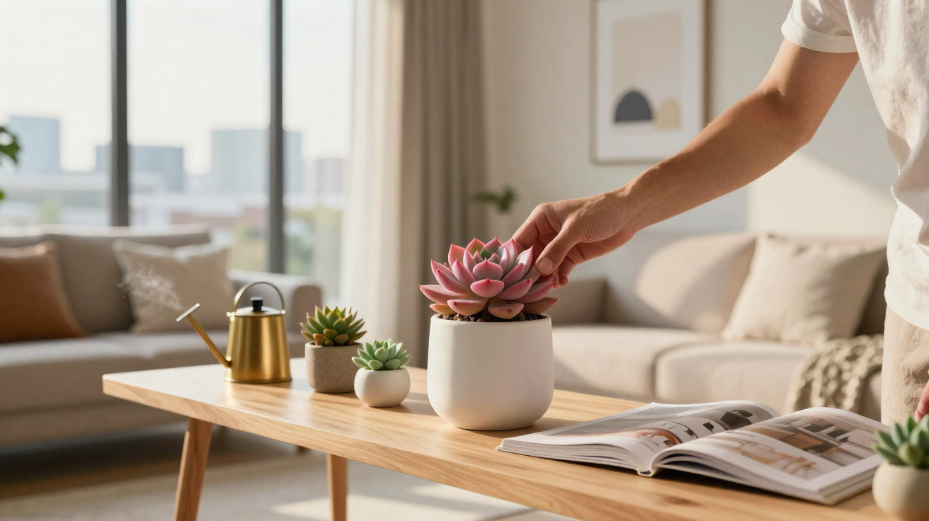 Pessoa a cuidar de planta suculenta em vaso branco numa sala com móveis modernos e luz natural.