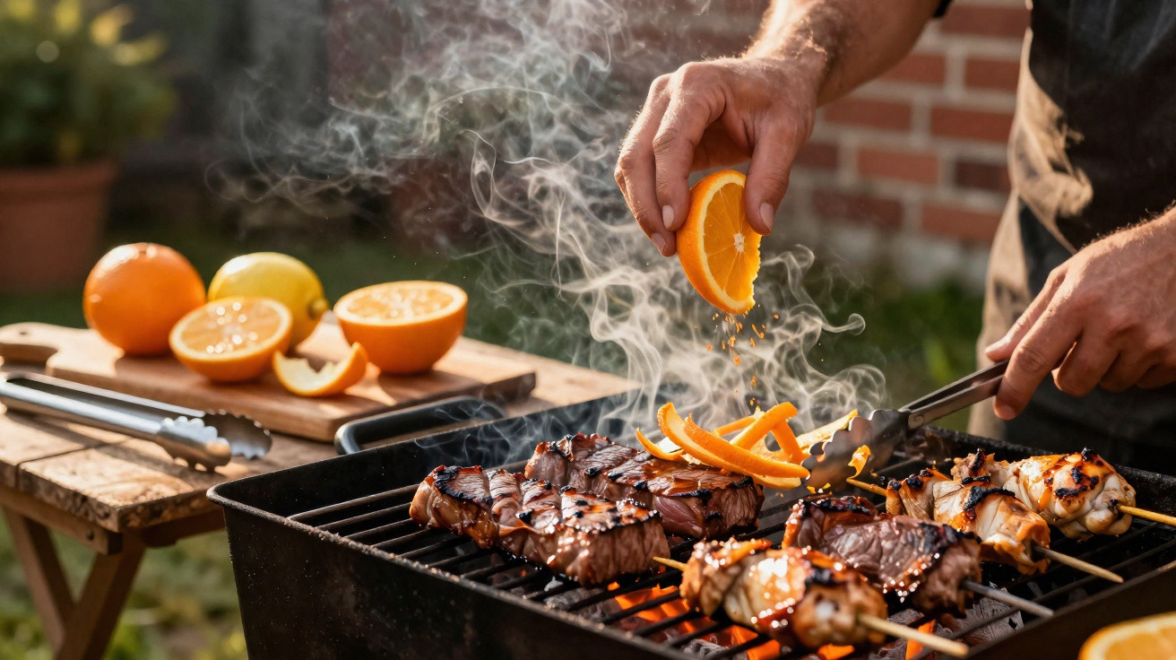 Mãos a temperar carnes e espetadas na grelha com sumo de laranja fresca durante um churrasco ao ar livre.