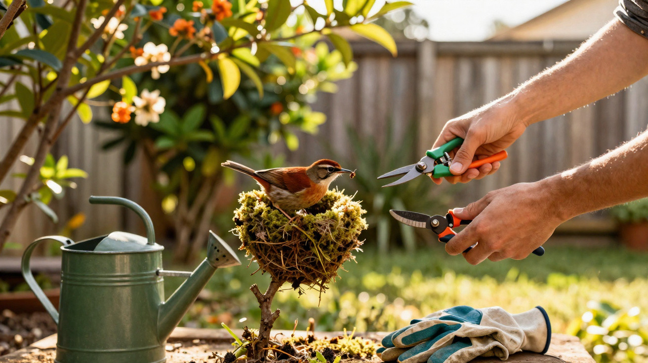 Pássaro no ninho sobre planta, com regador, luvas e mãos segurando tesouras de poda num jardim ensolarado.