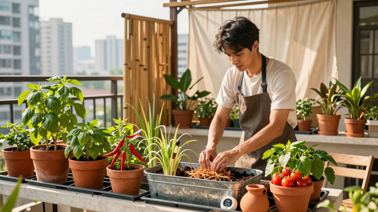 Jovem a cuidar de plantas em vasos num terraço com vista para a cidade ao fundo.