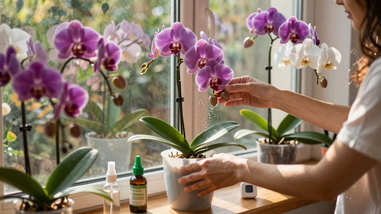 Pessoa a pulverizar orquídeas lilases e brancas numa janela ensolarada.