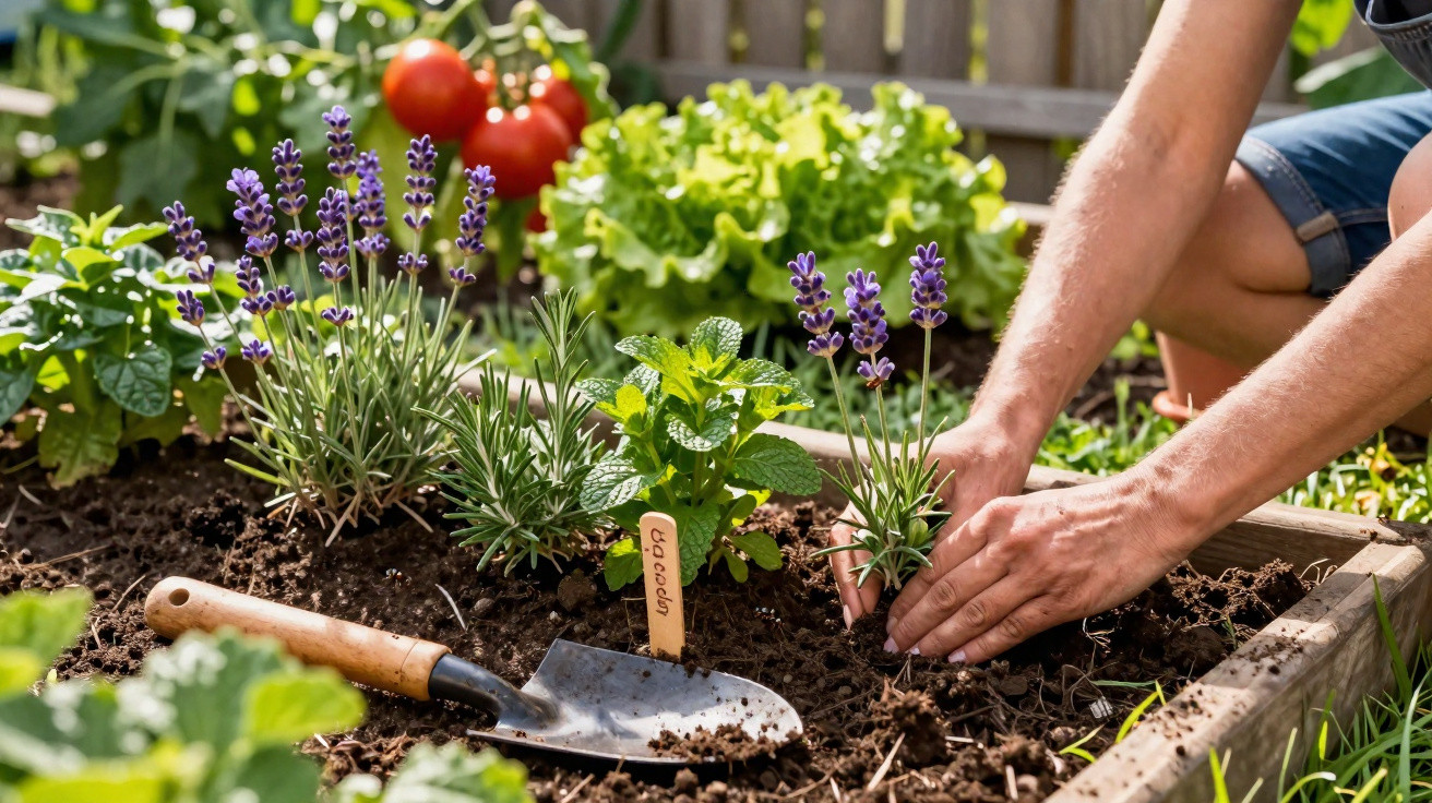 Mãos a plantar lavanda num canteiro com outras ervas aromáticas e tomateiros ao fundo.