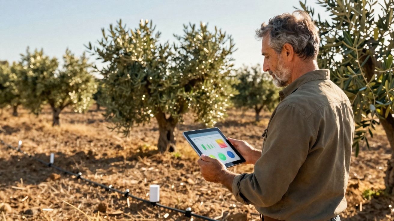 Agricultor a analisar dados num tablet numa plantação de oliveiras com sistema de rega gota a gota.