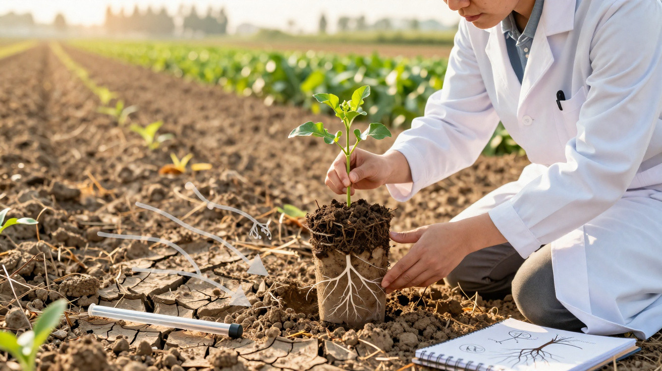 Pessoa de bata branca a examinar planta com raízes expostas, em campo agrícola com solo seco.