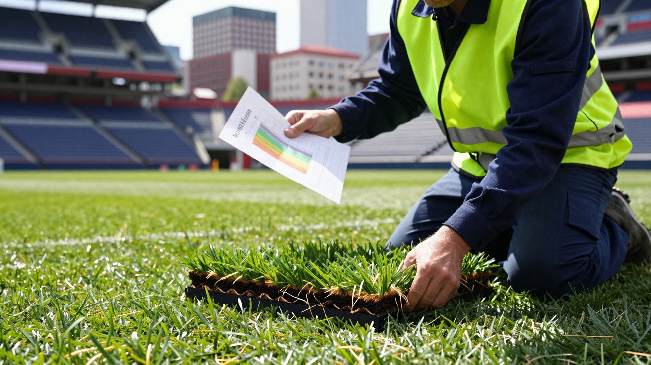 Trabalhador com colete refletor analisa amostra de relva num estádio desportivo ao ar livre.