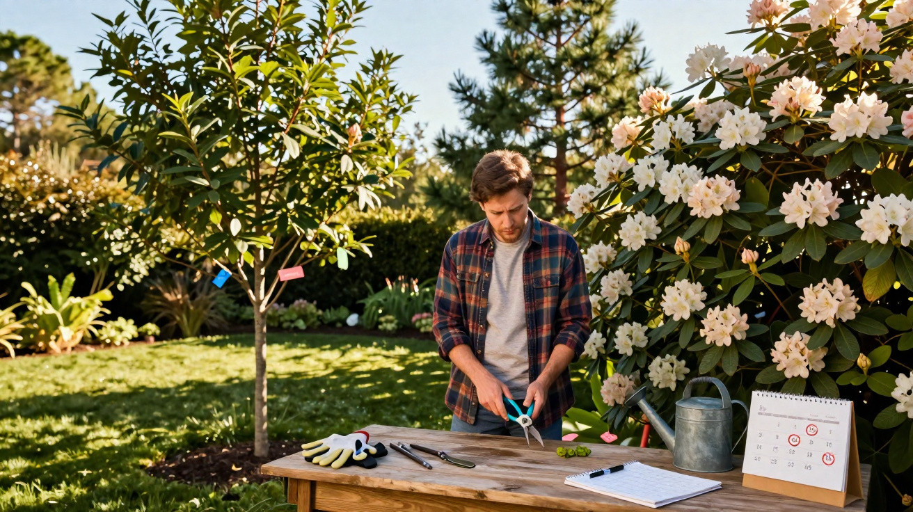 Homem a podar plantas num jardim com ferramentas de jardinagem e calendário numa mesa de madeira.