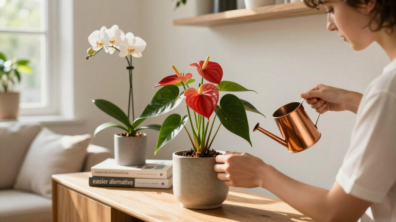 Pessoa a regar planta com flores vermelhas numa sala iluminada com orquídea ao fundo.