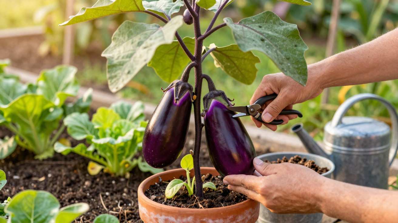 Pessoa a cortar beringelas maduras numa planta em vaso num jardim com tesoura de poda.